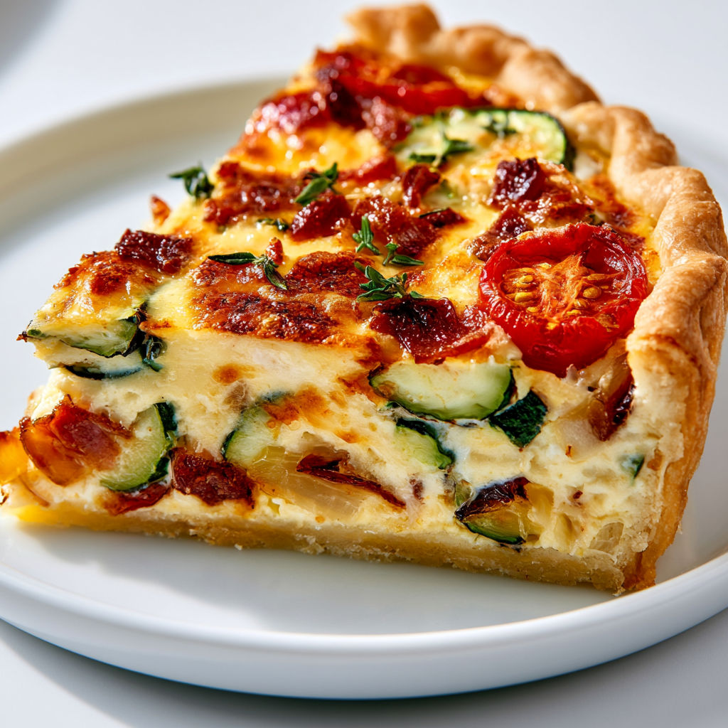 Une tarte aux courgettes et tomates sur une pâte brisée, pleine de fraîcheur.