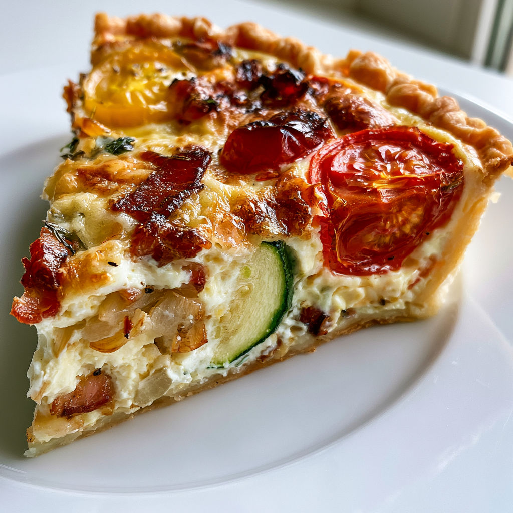Tarte courgette et tomate pleine de couleurs sur une pâte dorée, prête à partager.