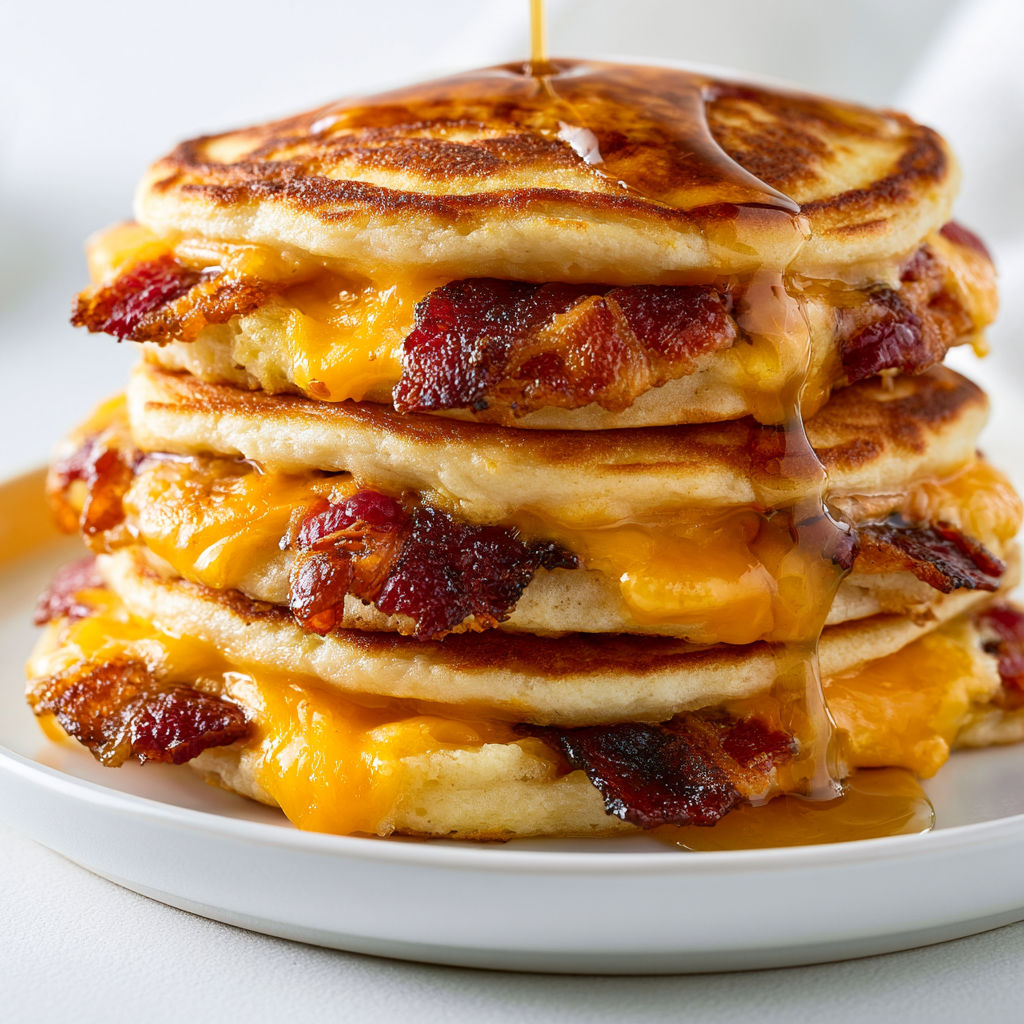 Pancakes moelleux au bacon croustillant, une pile dorée irrésistible.