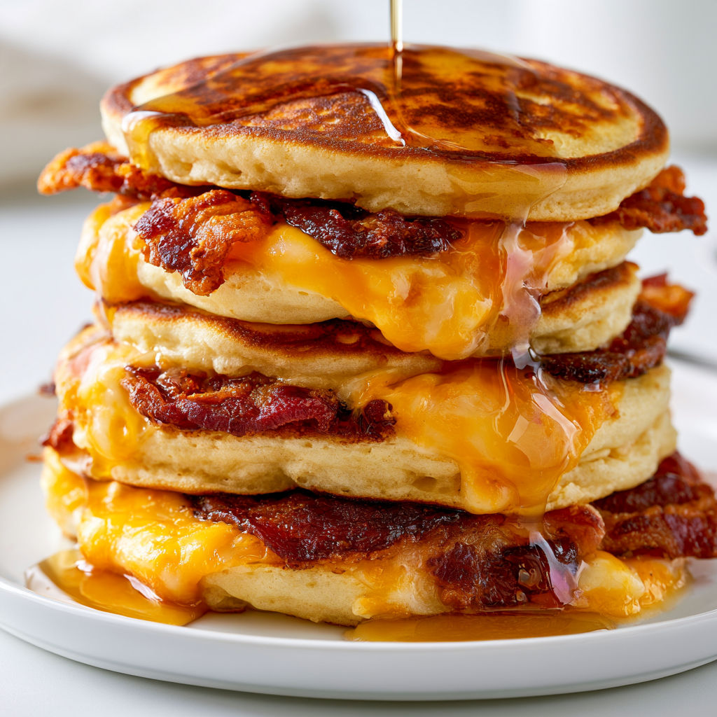 Une assiette gourmande de pancakes au bacon et sirop d’érable fondant