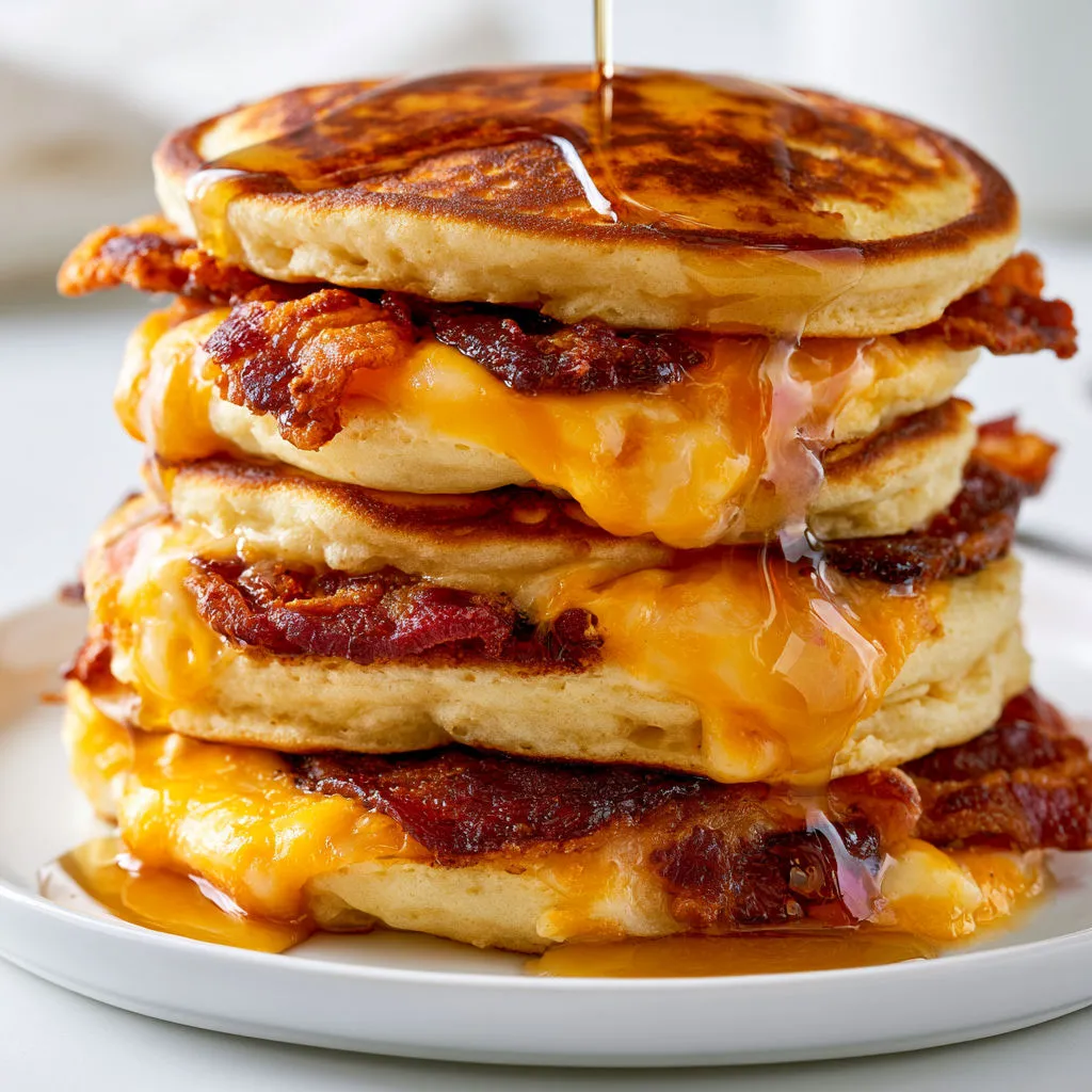 Une assiette gourmande de pancakes au bacon et sirop d’érable fondant