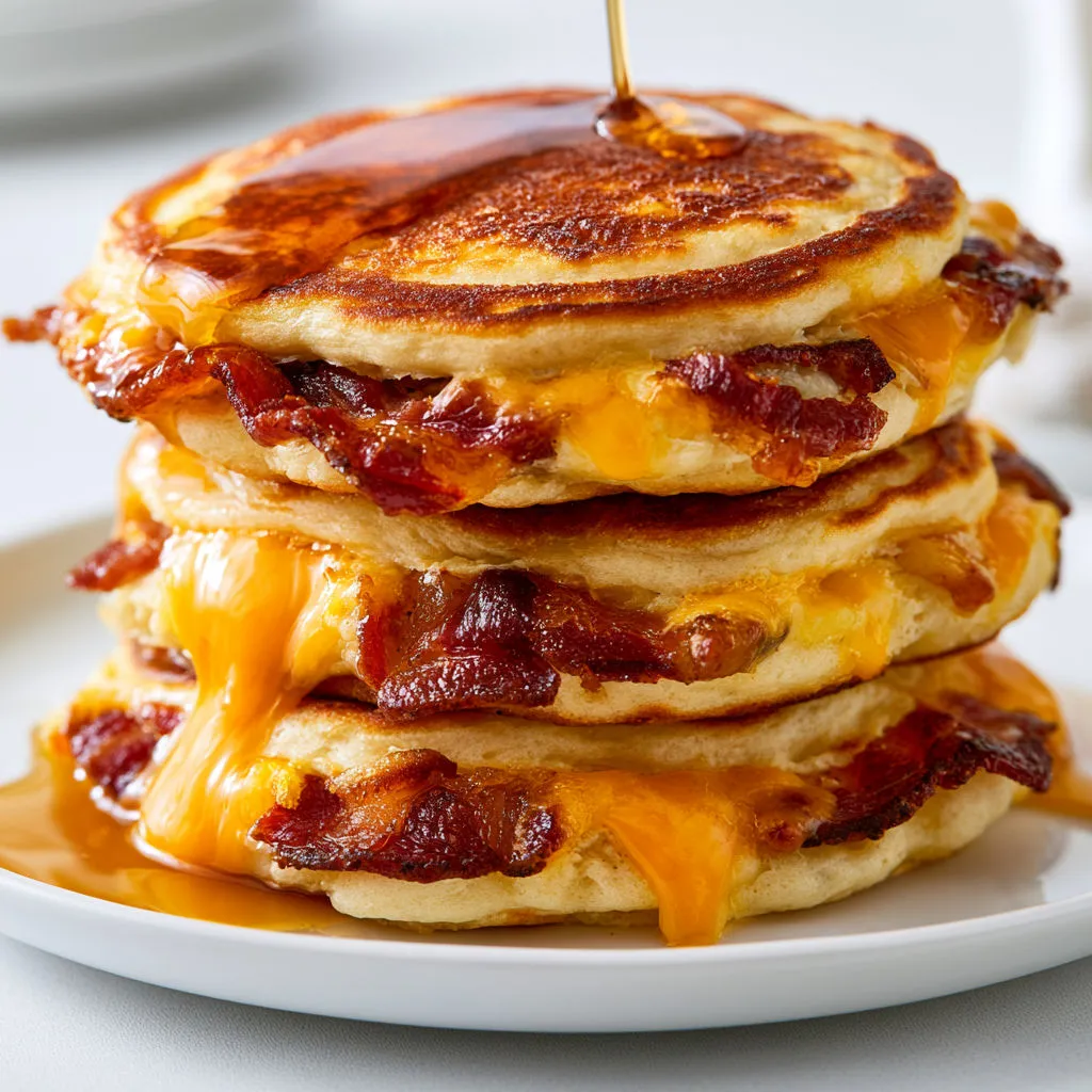 Une pile gourmande de pancakes au bacon et cheddar nappée de sirop d’érable.