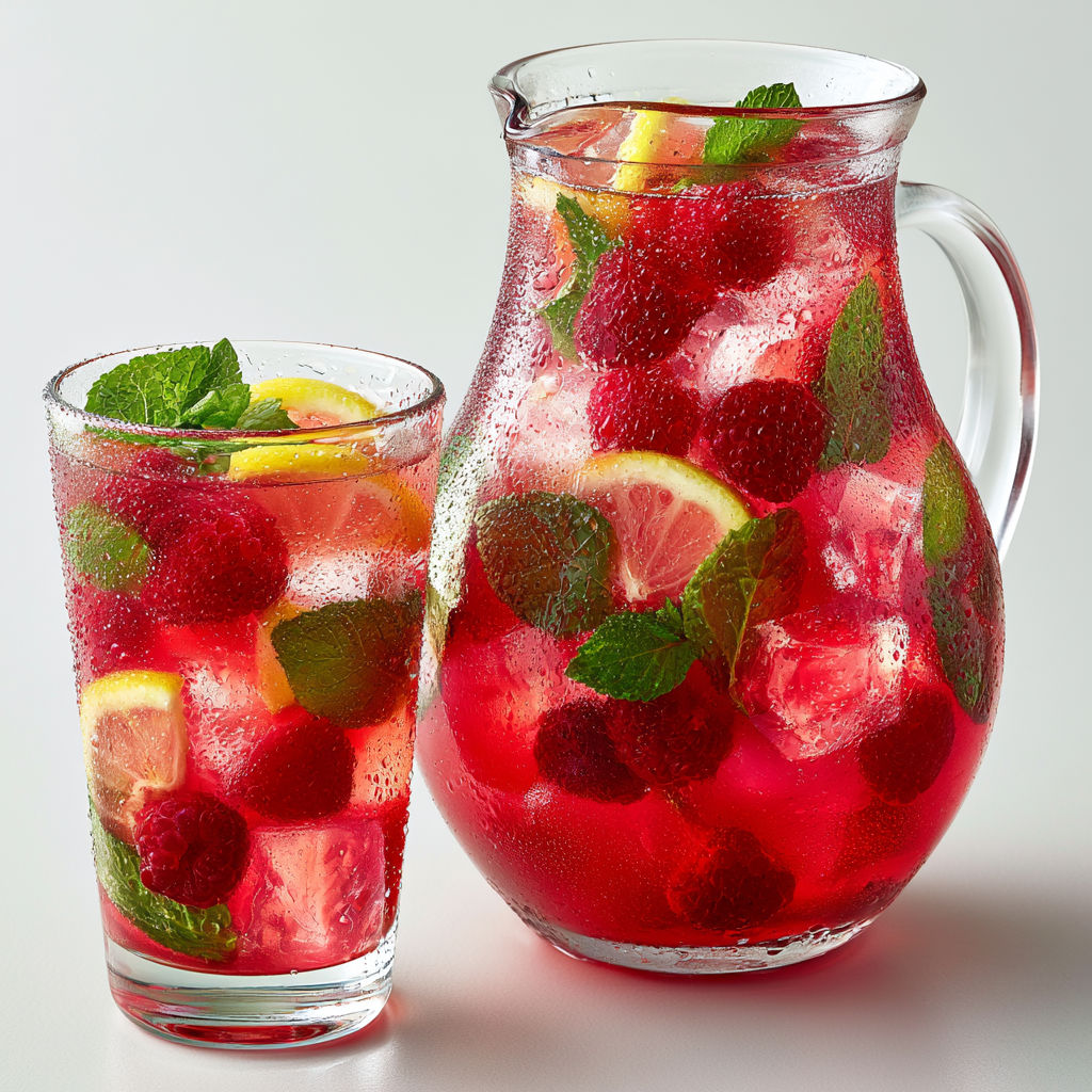 Boisson maison fraîche mêlant citron, framboises et menthe, servie avec élégance.