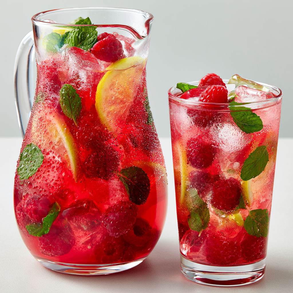 Un grand verre de boisson framboise citron maison posé à côté d’une carafe pleine.