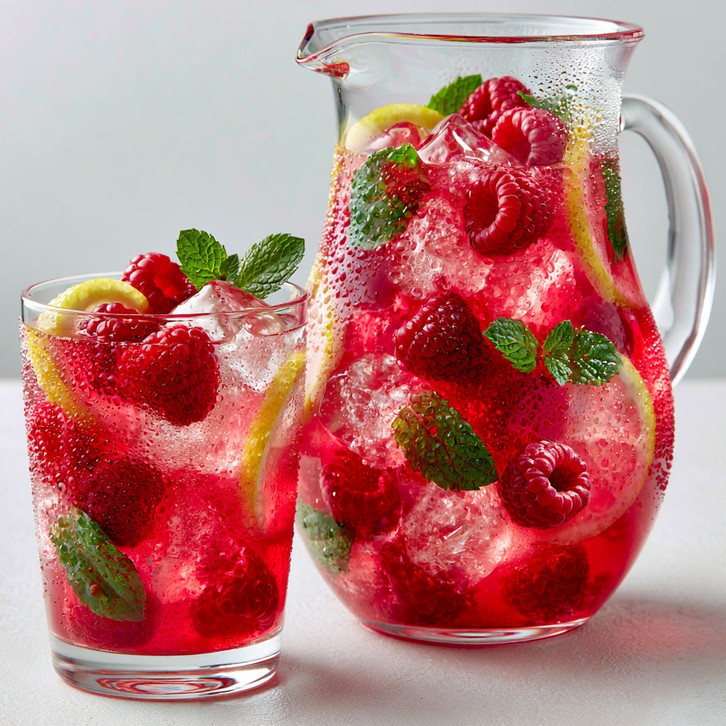 Carafe remplie de boisson citron framboise maison, accompagnée d’un joli verre servi bien frais.