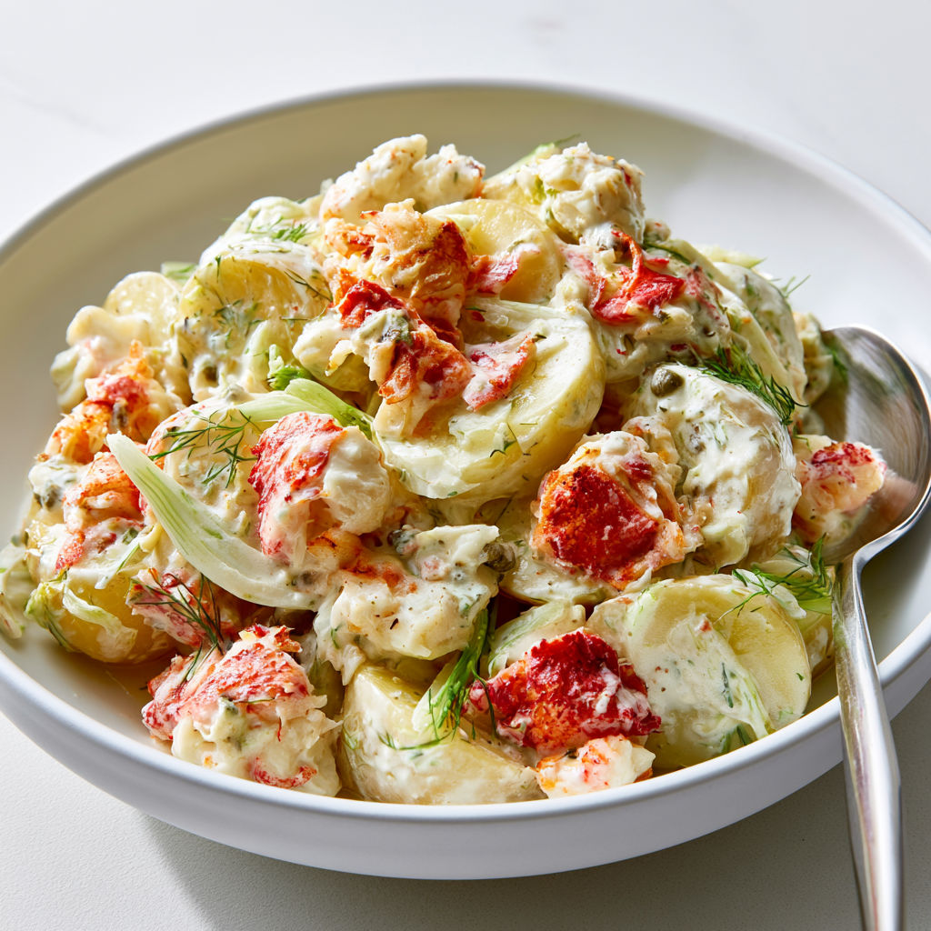 Bol en porcelaine contenant une délicieuse salade de pommes de terre et crabe.
