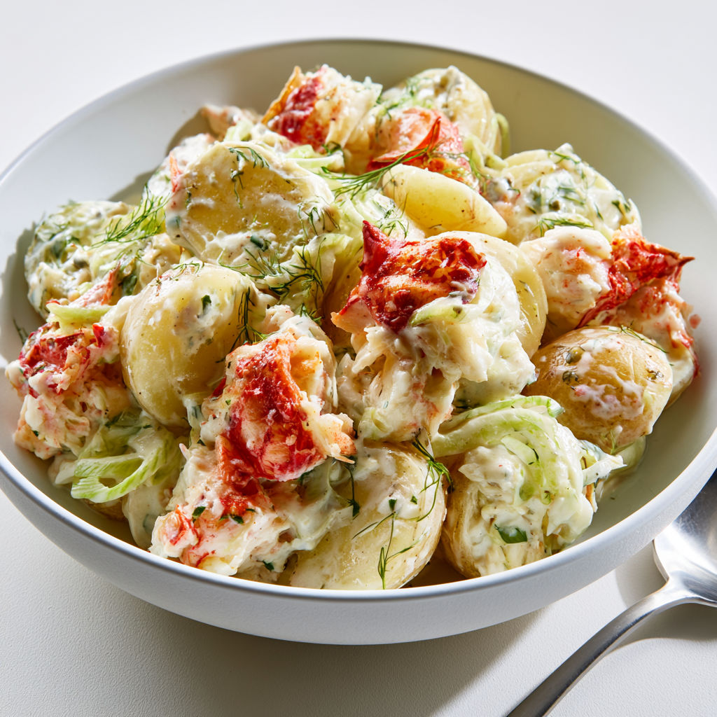 Pommes de terre, crabe et fenouil croquant en salade.