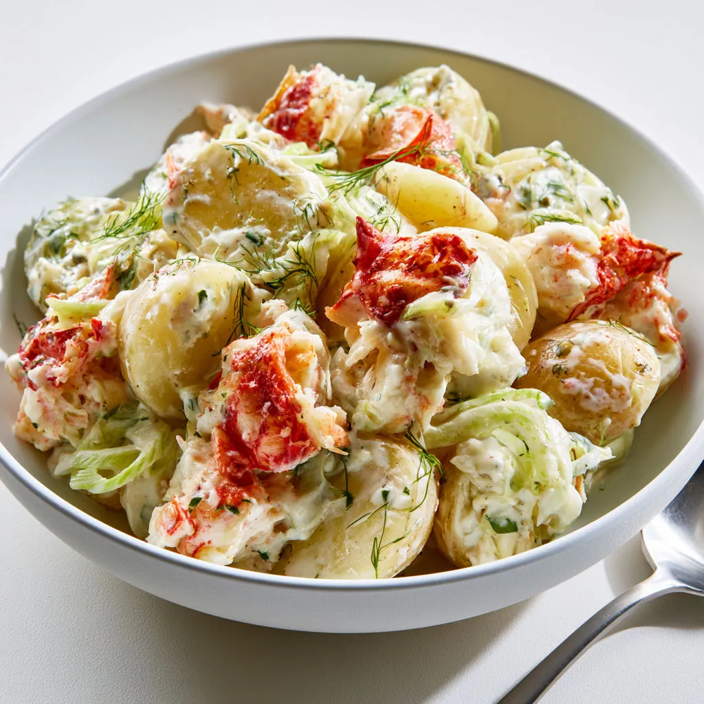 Pommes de terre, crabe et fenouil croquant en salade.