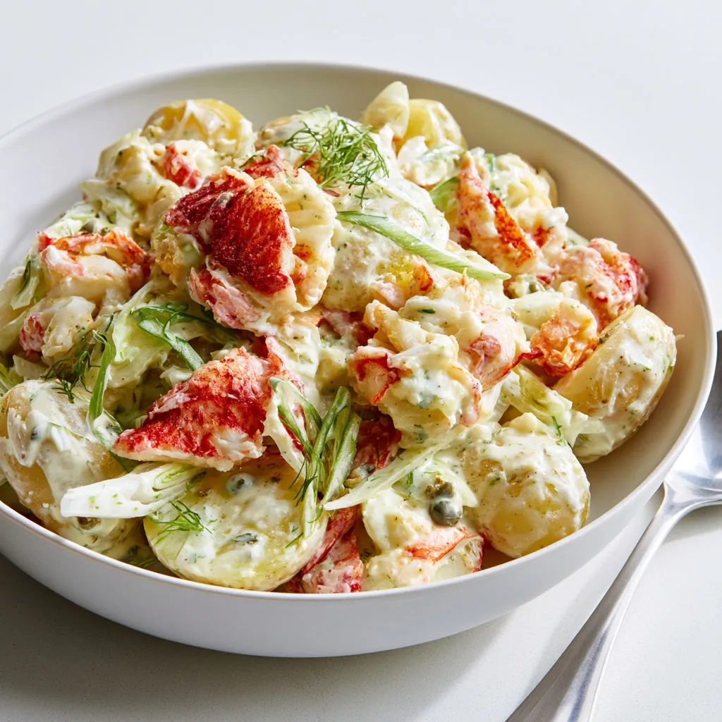 Salade pommes de terre crabe avec sauce crémeuse et câpres.