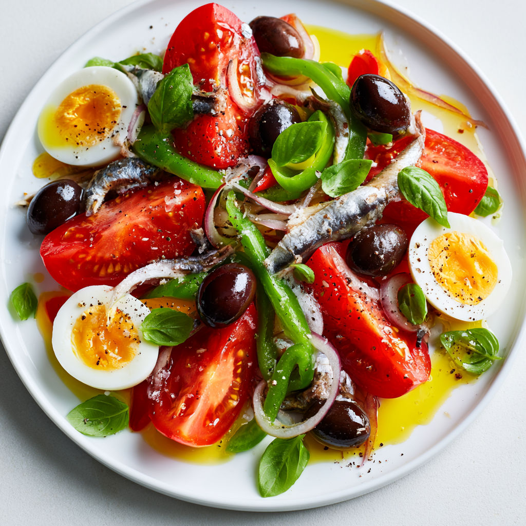 Version moderne de salade niçoise avec légumes, olives et anchois.