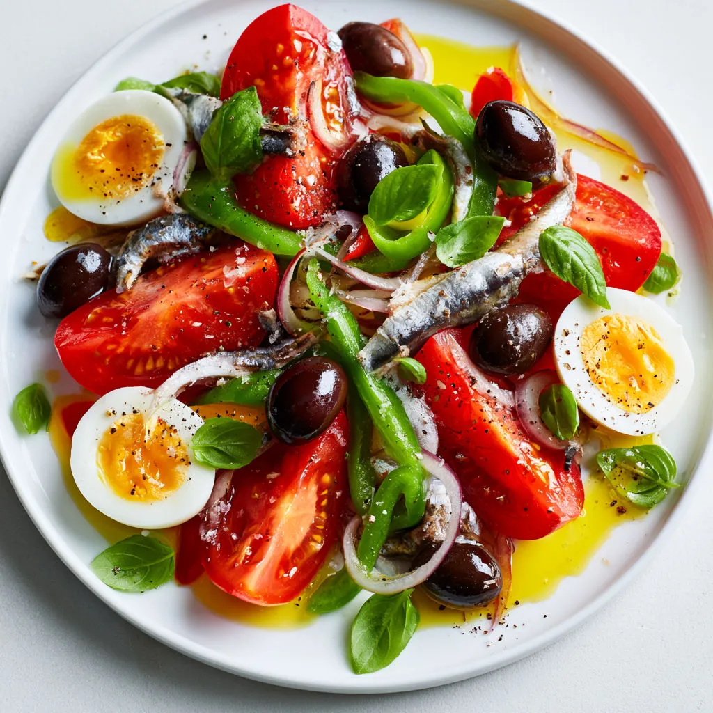 Version moderne de salade niçoise avec légumes, olives et anchois.