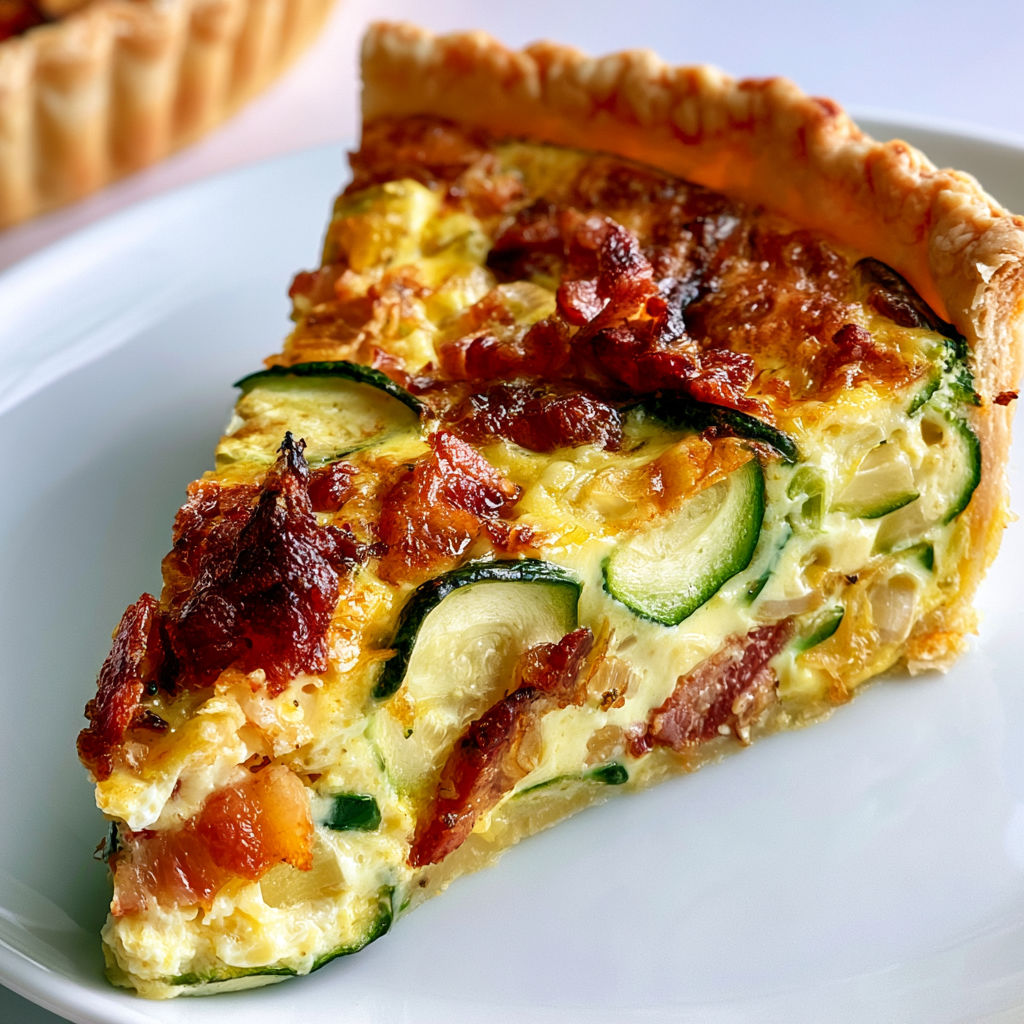 Délicieuse tarte aux courgettes avec lardons dorés facile à faire.