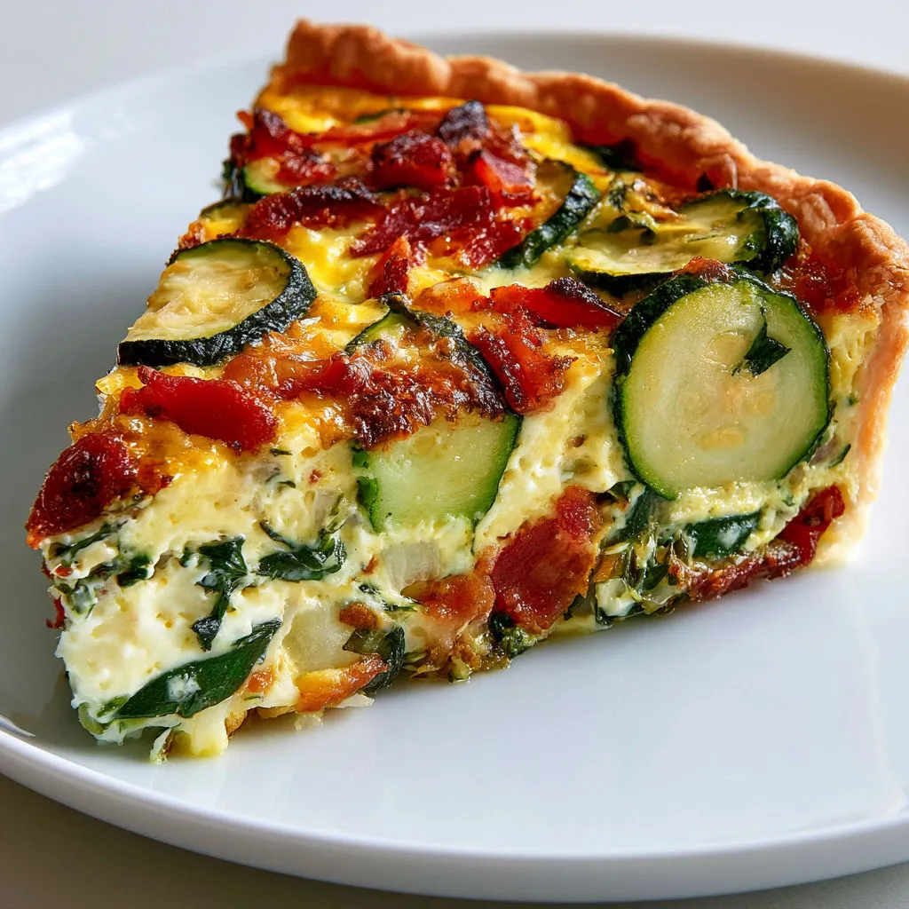 Tarte maison courgette moelleuse et lardons fumés bien dorés.