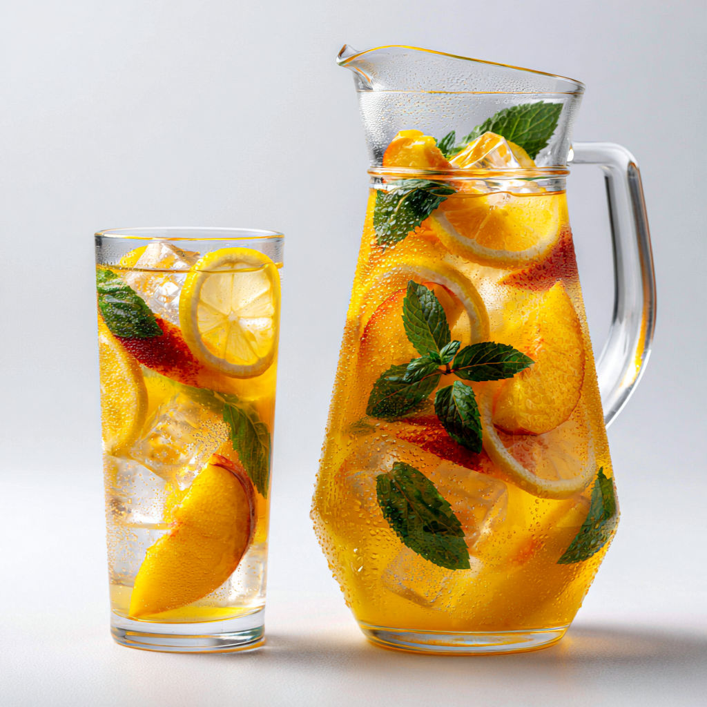 Super limonade maison à la pêche pleine de fraîcheur pour les journées chaudes.
