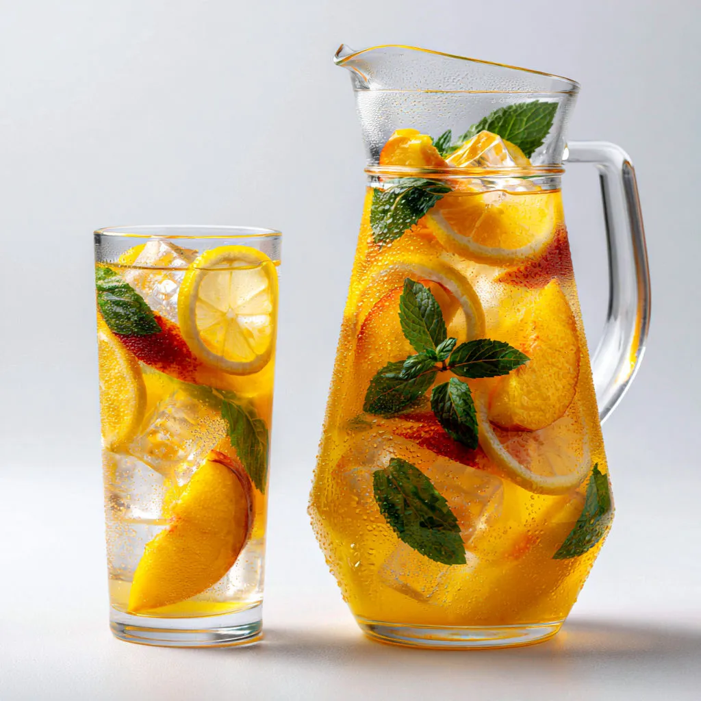 Super limonade maison à la pêche pleine de fraîcheur pour les journées chaudes.