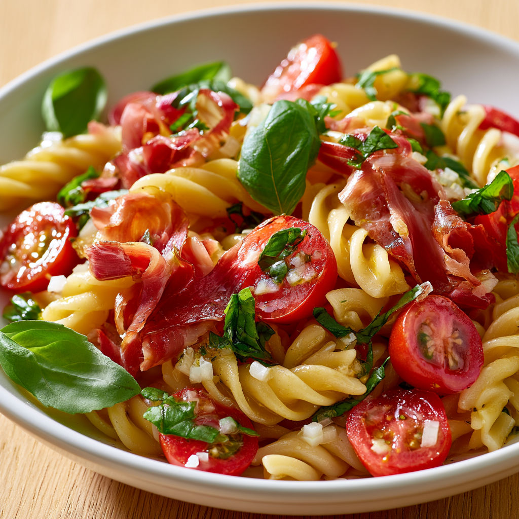 Salade fraîche de pâtes avec jambon cru, tomates sucrées et basilic