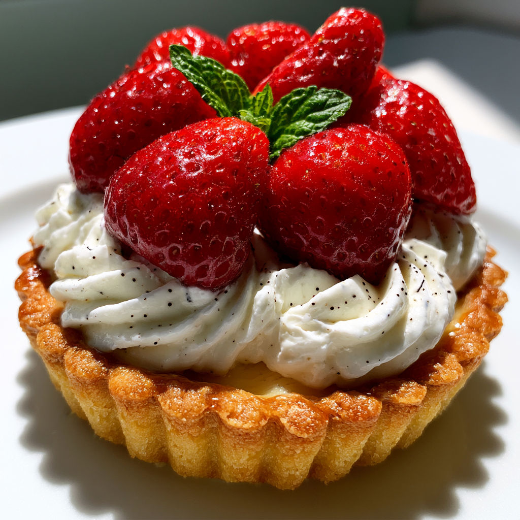 Une tarte aux fraises et vanille garnie de menthe sur un fond clair.
