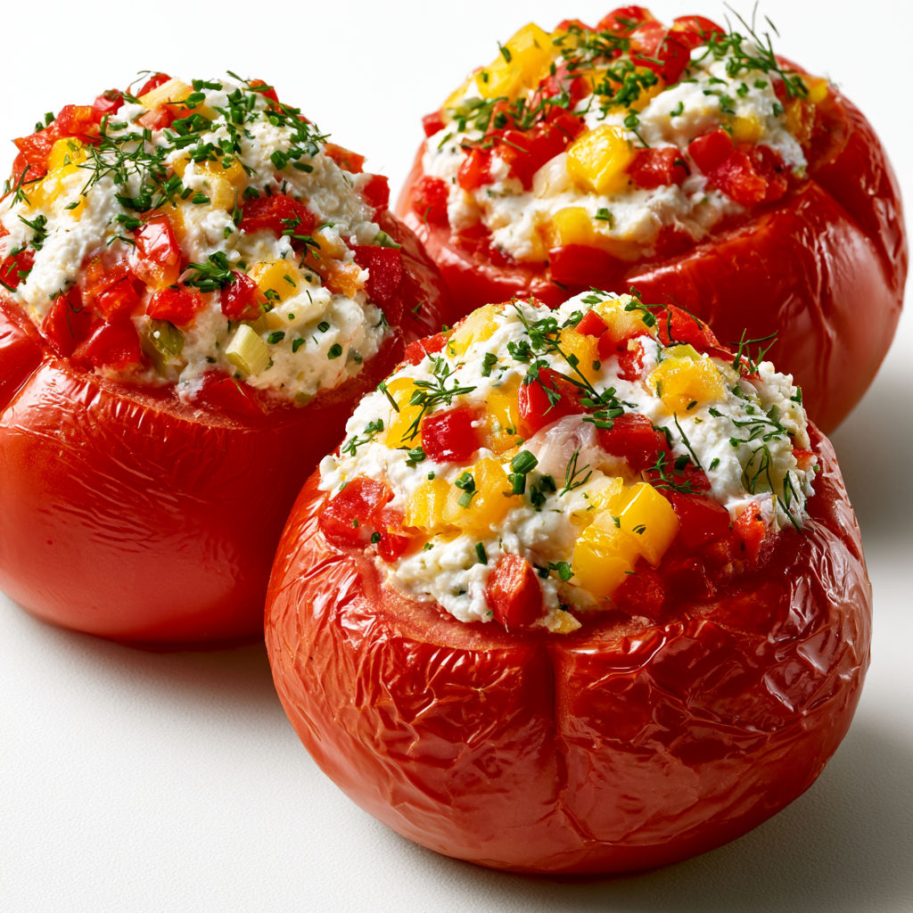 Tomates fraîches farcies ricotta mozzarella, parfaites pour un repas d’été léger.