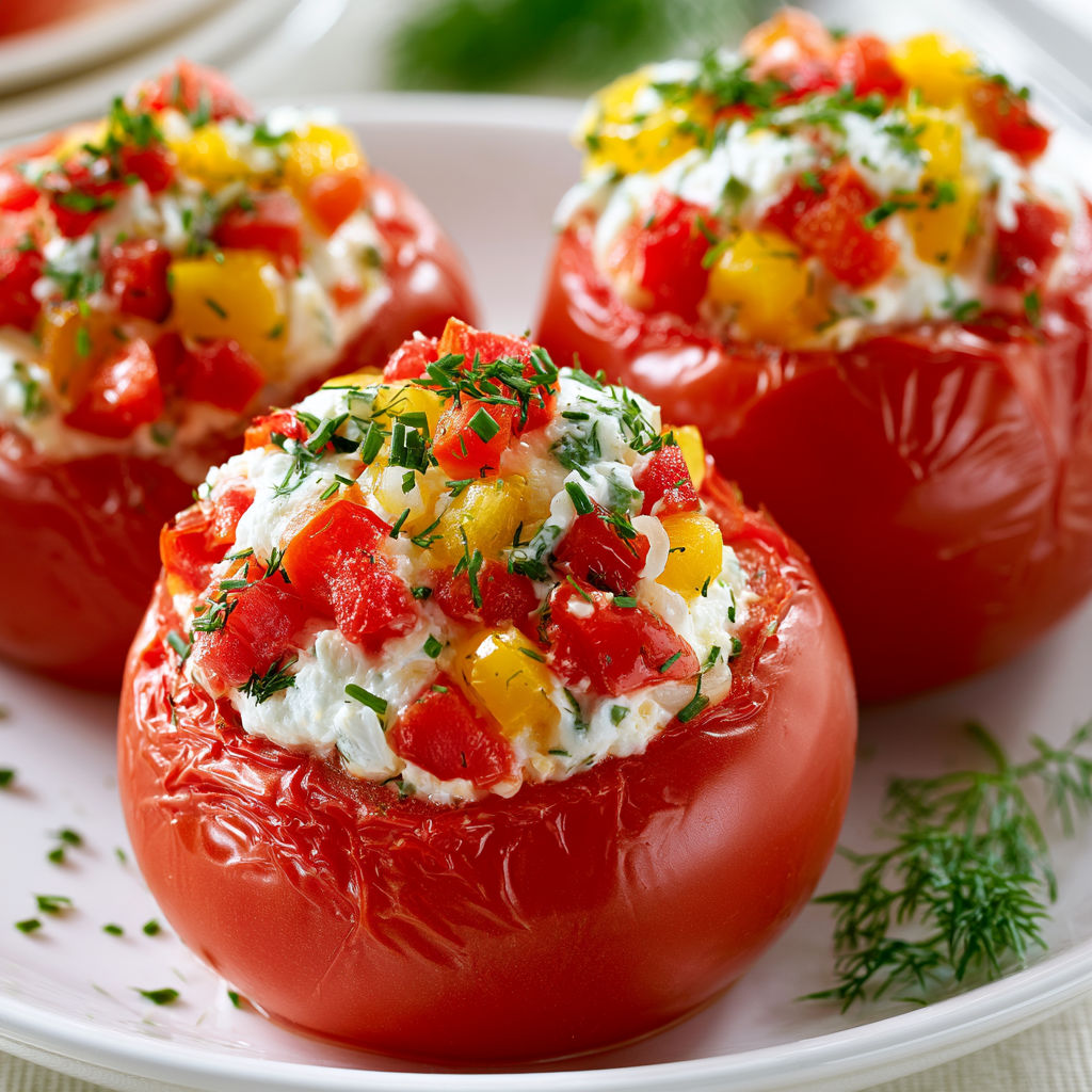 Tomates fraîches garnies aux herbes, fromage et légumes croquants prêtes en 20 minutes.
