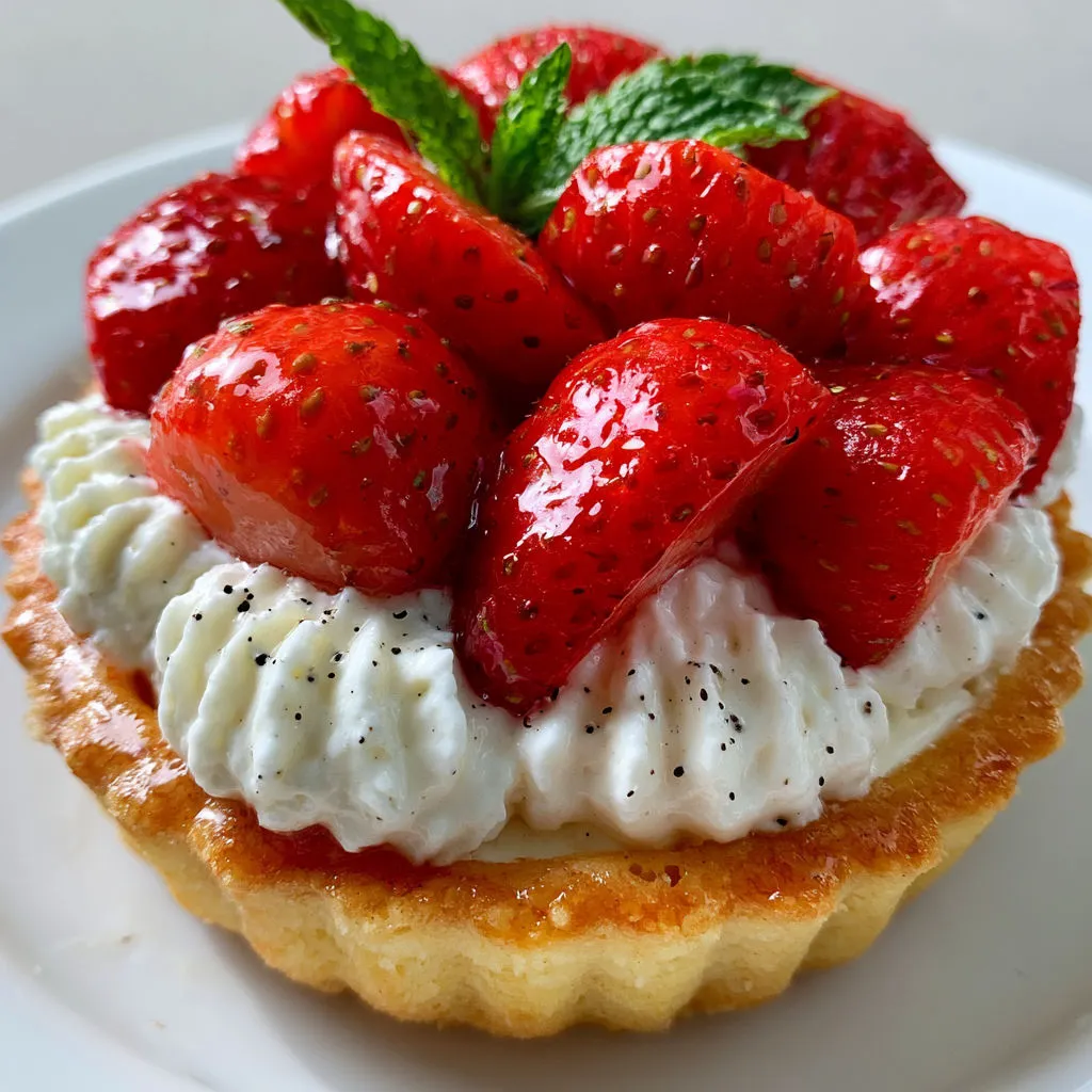 Fond sablé garni de fraises mûres et crème douce à la vanille, ultra gourmande.