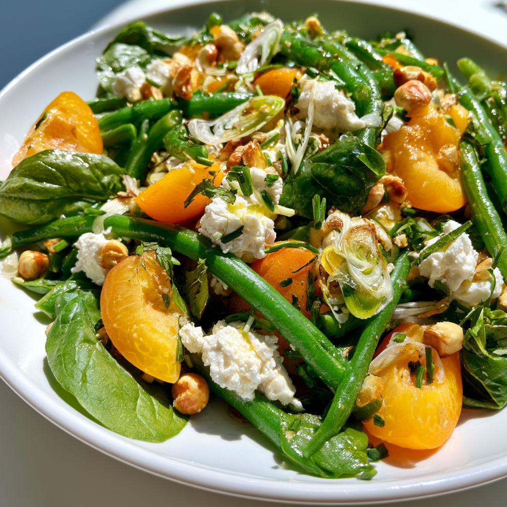 Plat léger et frais avec haricots verts, abricots et chèvre pour une salade estivale.
