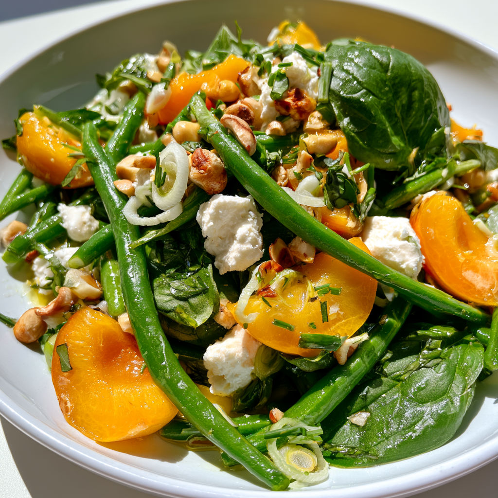 Salade fraîche d'été avec haricots verts, abricots juteux et chèvre tout doux.