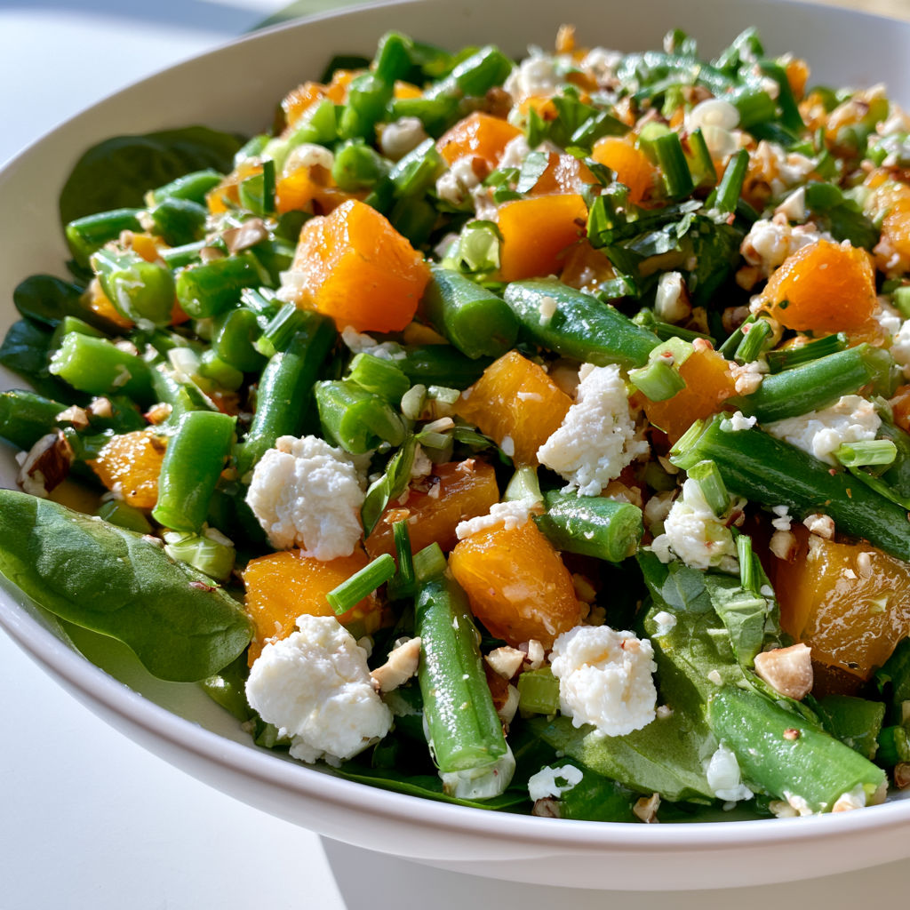 Belle salade estivale aux haricots verts, chèvre frais et abricots goûteux.