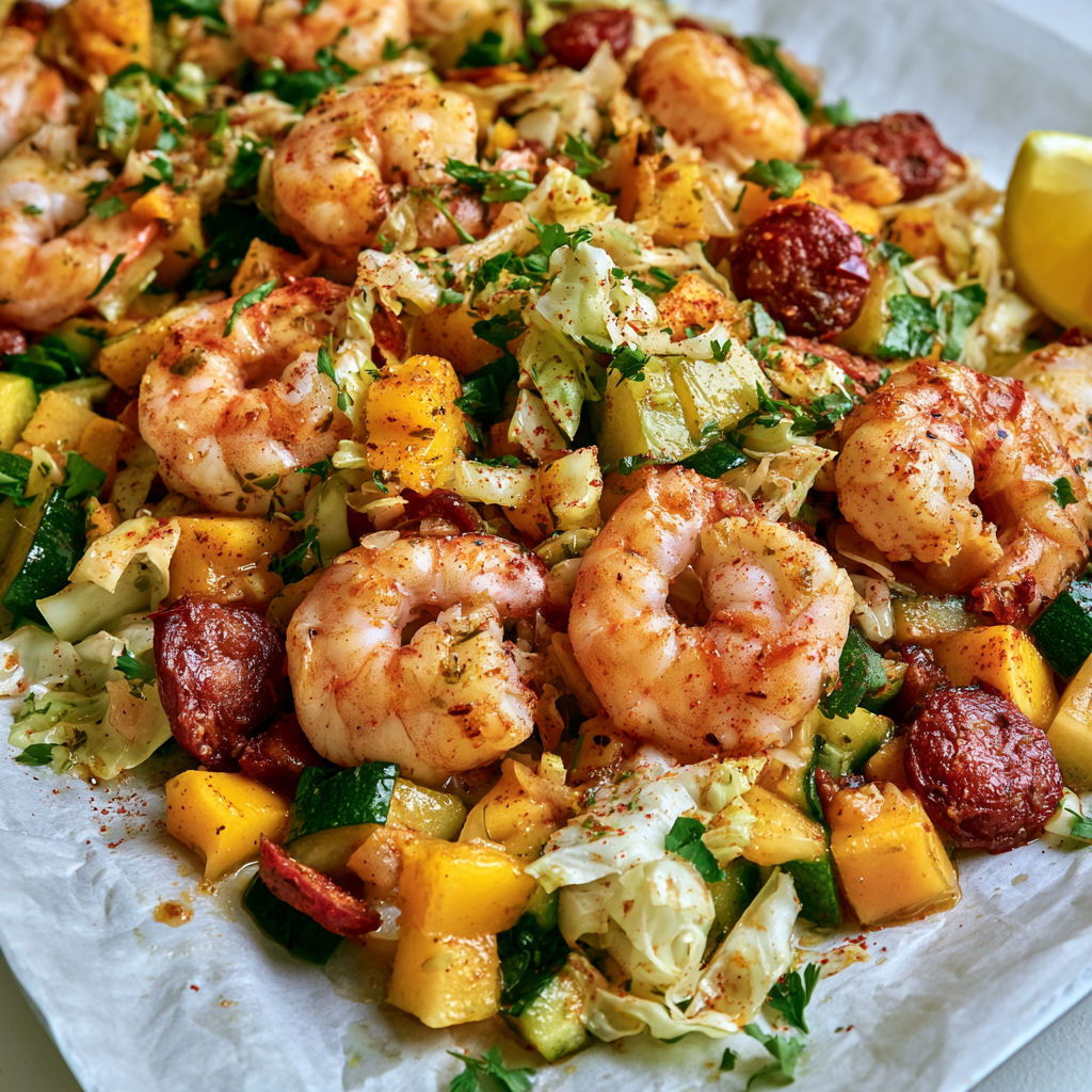 Plat coloré avec crevettes, courgettes, mangue et chorizo, idéal pour un dîner.
