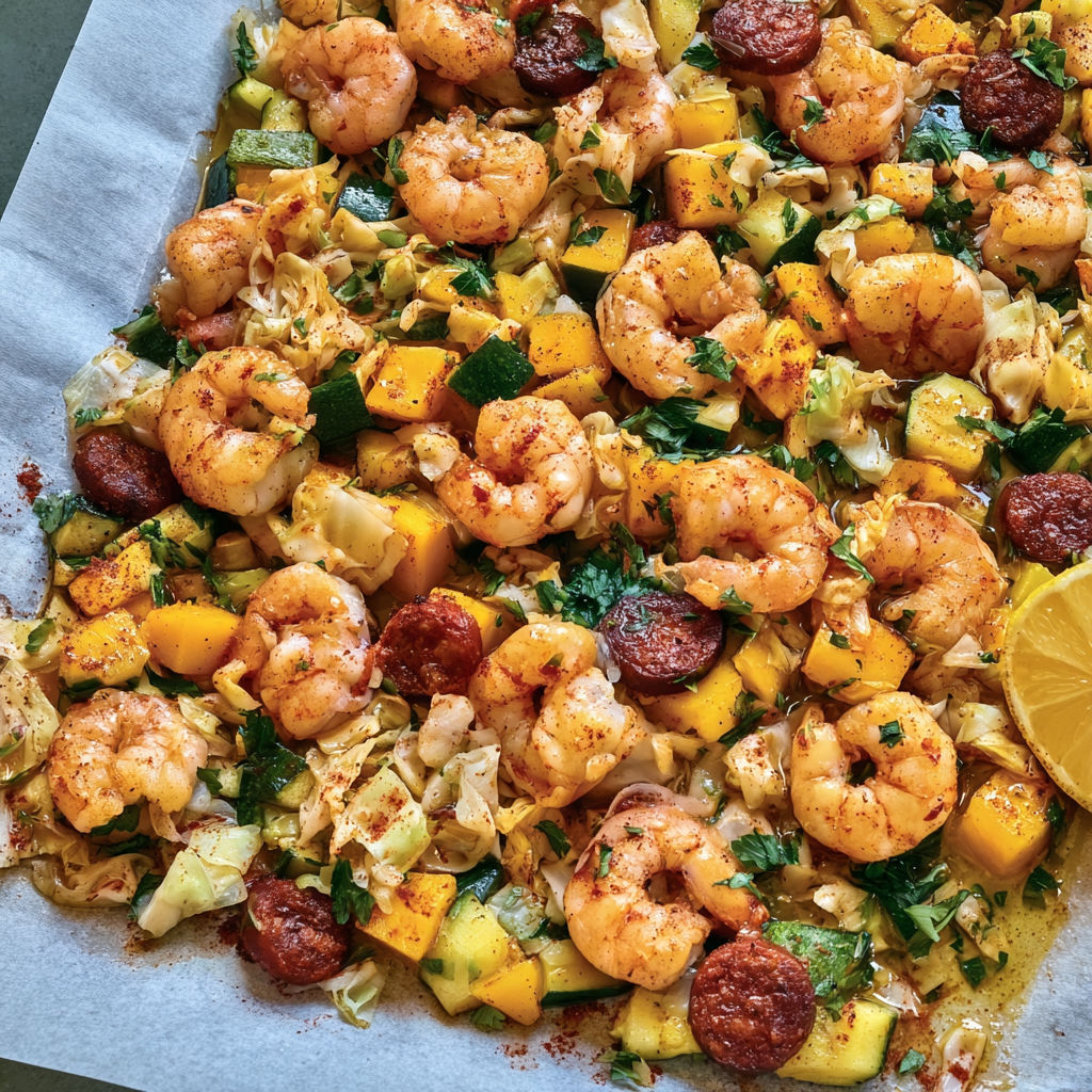 Crevettes dorées au chorizo avec mangue et légumes rôtis, sucré salé.
