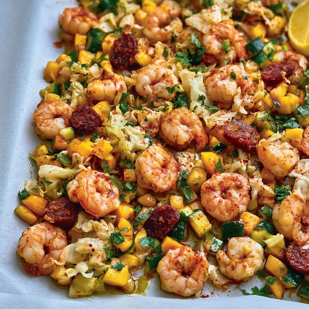 Crevettes sautées au chorizo, mangue juteuse et légumes de saison fondants.