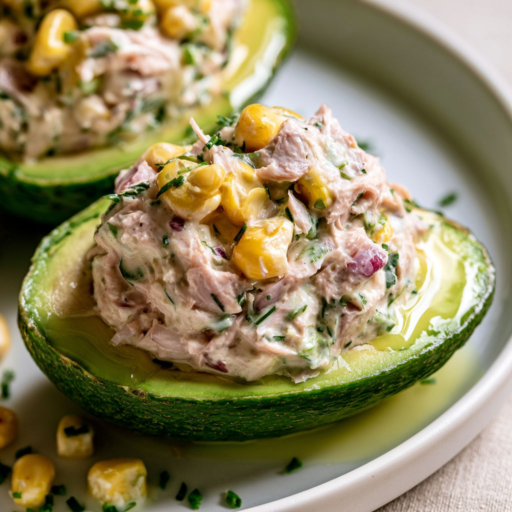 Avocats joliment farcis au thon et yaourt pour un repas ultra simple et rapide.