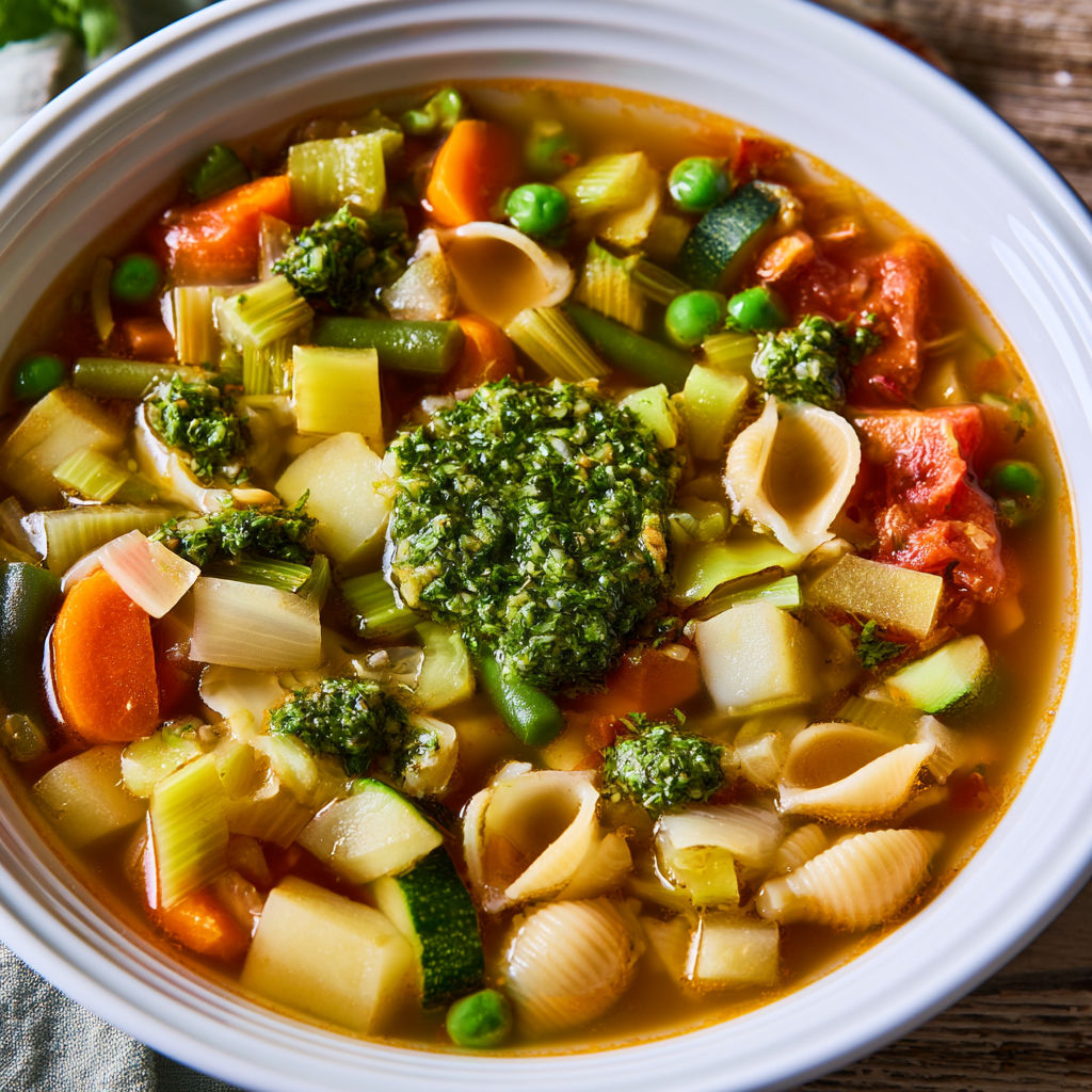Un délicieux bol de soupe au pistou maison et bien chaude, servi avec soin.