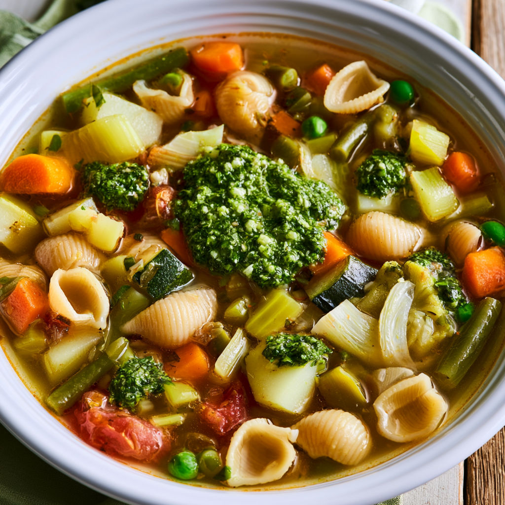 Bol de soupe au pistou provençale pleine de légumes frais et basilic.