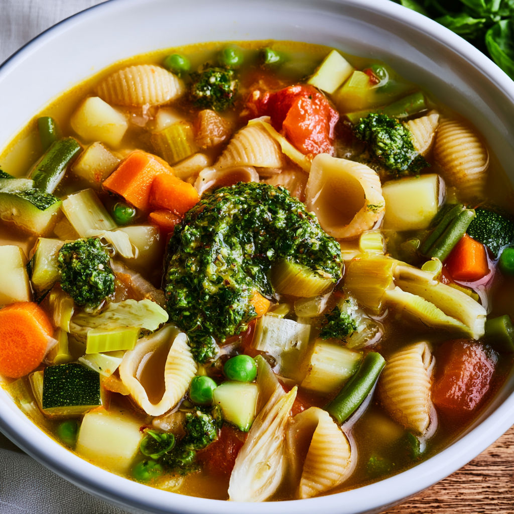 Bol fumant de pistou maison et légumes du sud ultra frais.