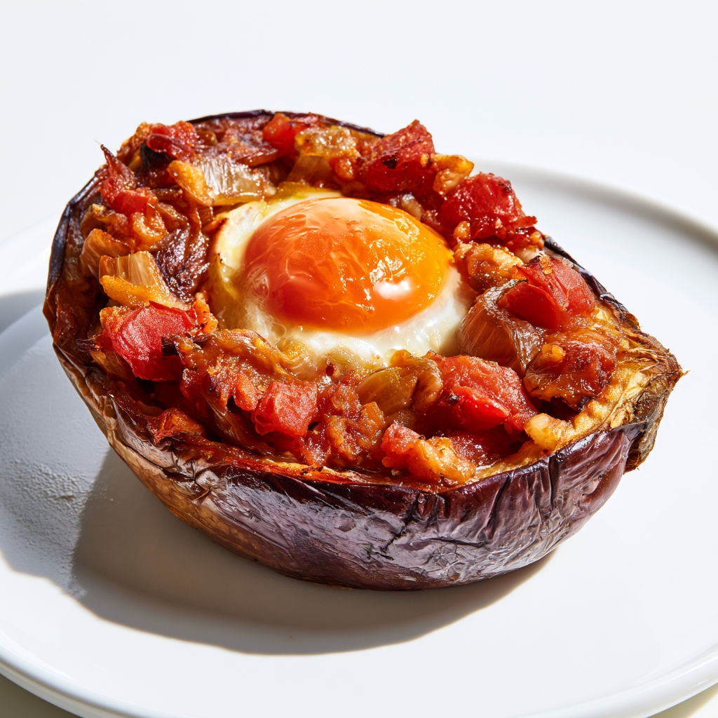 Aubergine garnie avec un œuf doré au milieu.
