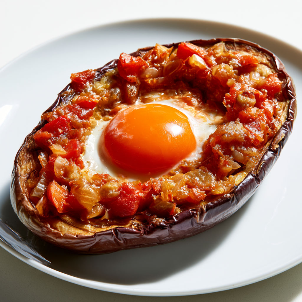 Poivron garni d’une omelette et de tomates.