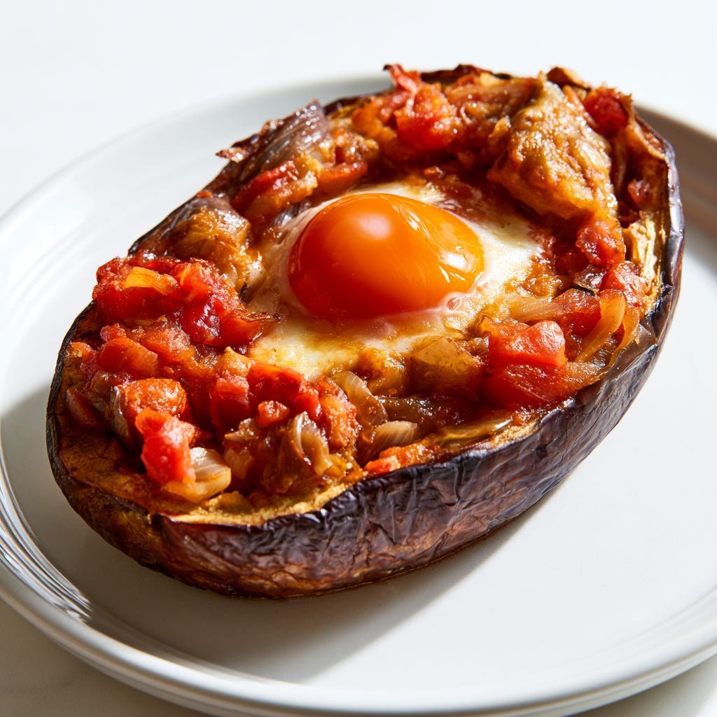 Poire garnie de viande et d’œufs, nappée de sauce tomate servie sur plat.