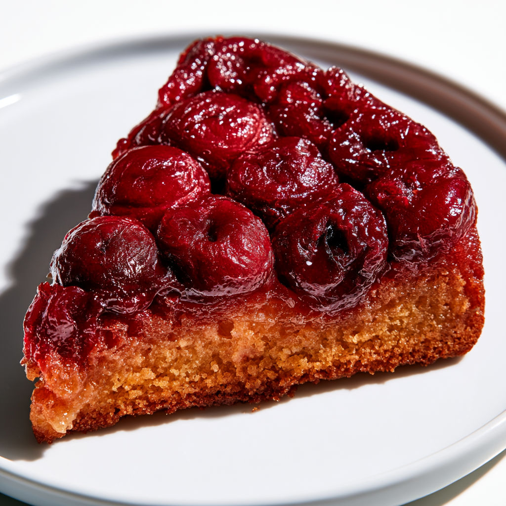 Une jolie part de tarte renversée aux cerises sur une assiette.