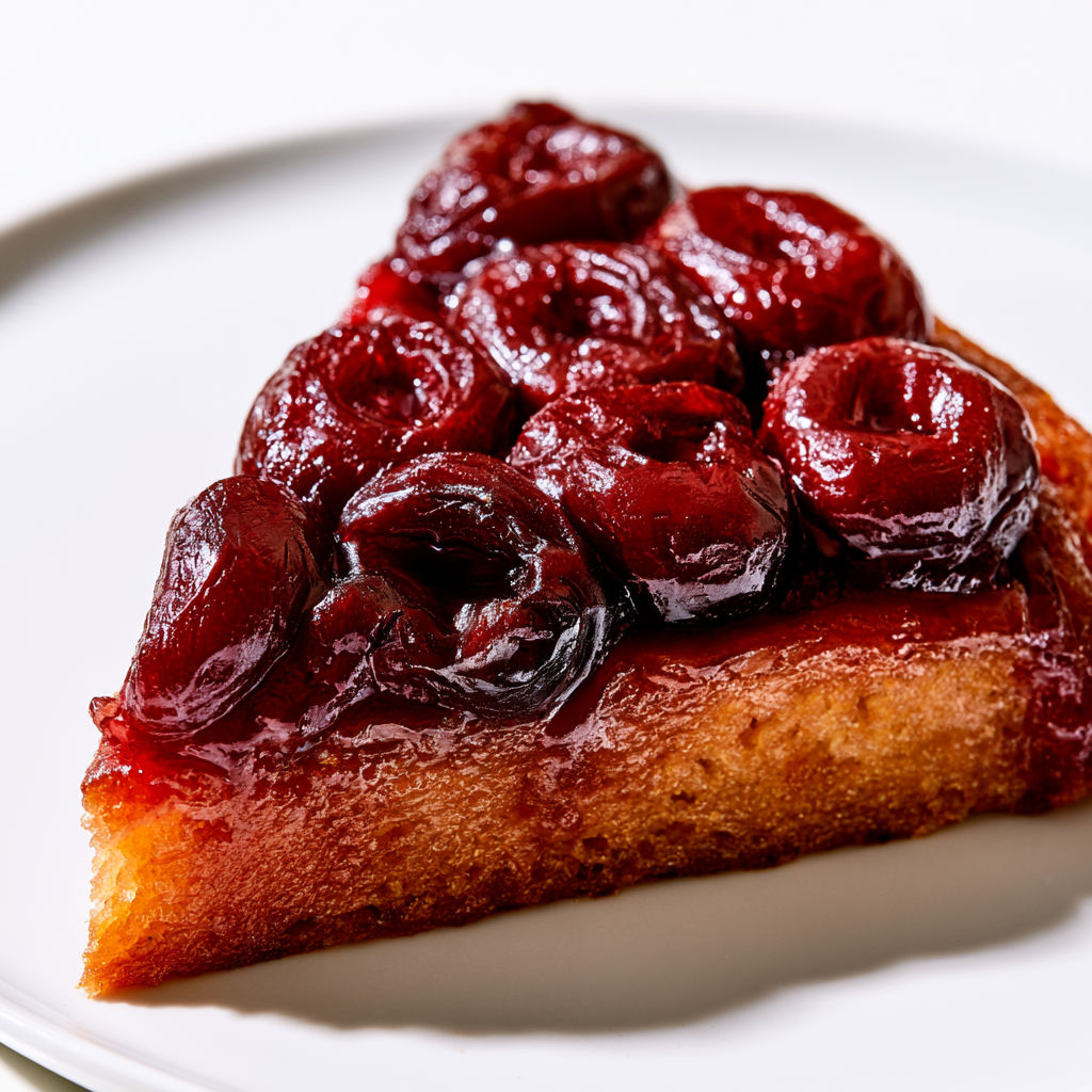 Part de gâteau moelleux à la cerise sur une assiette.
