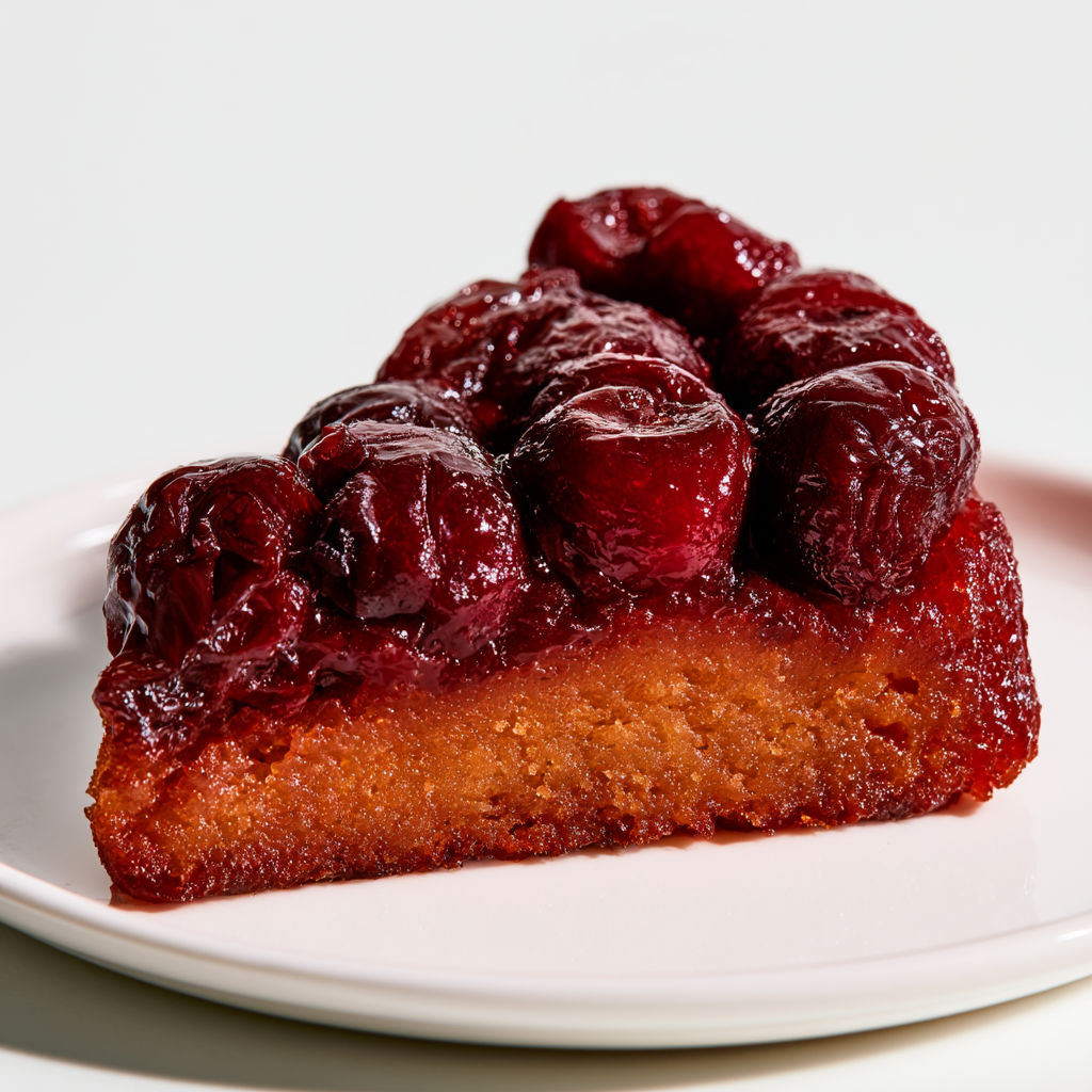 Gâteau renversé aux cerises sur une assiette blanche.