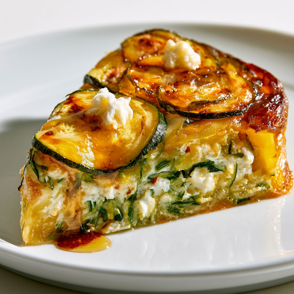 Portion de tatin de courgettes chèvre et miel servie.