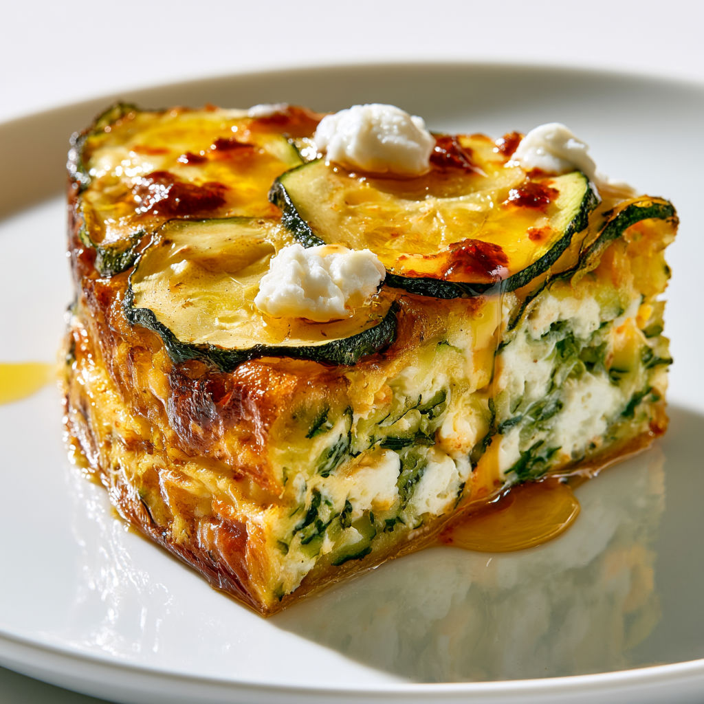 Un tatin de courgettes tout doré, prêt à être servi sur un plat.