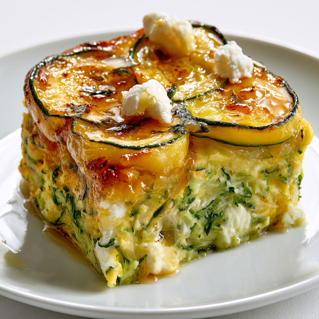 Un tatin de courgettes doré présenté sur un plat, prêt à être dégusté.