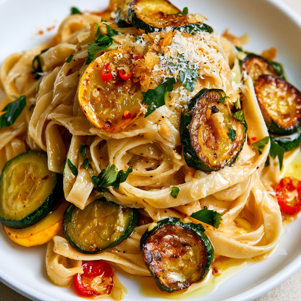 Assiette de pâtes accompagnées de courgettes poêlées, parmigiano et pointes de piment.