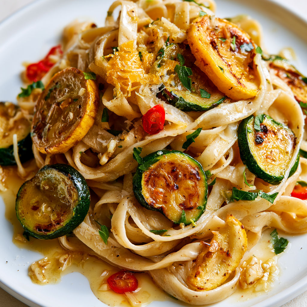 Tagliatelles et courgettes sautées, parmesan fondu et touche de piment, prêt en moins d’une demi-heure.