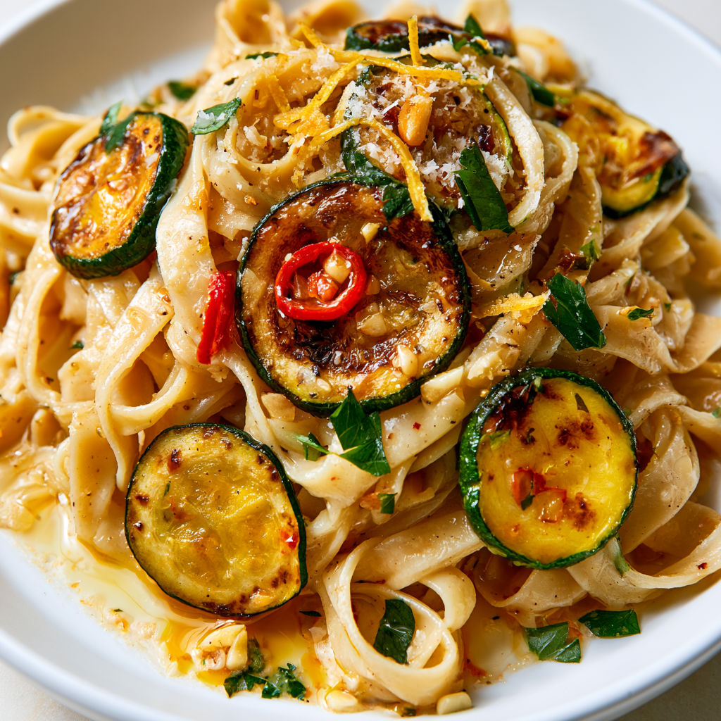 Pâtes gourmandes aux courgettes dorées, parmesan coulant et une touche épicée de piment.