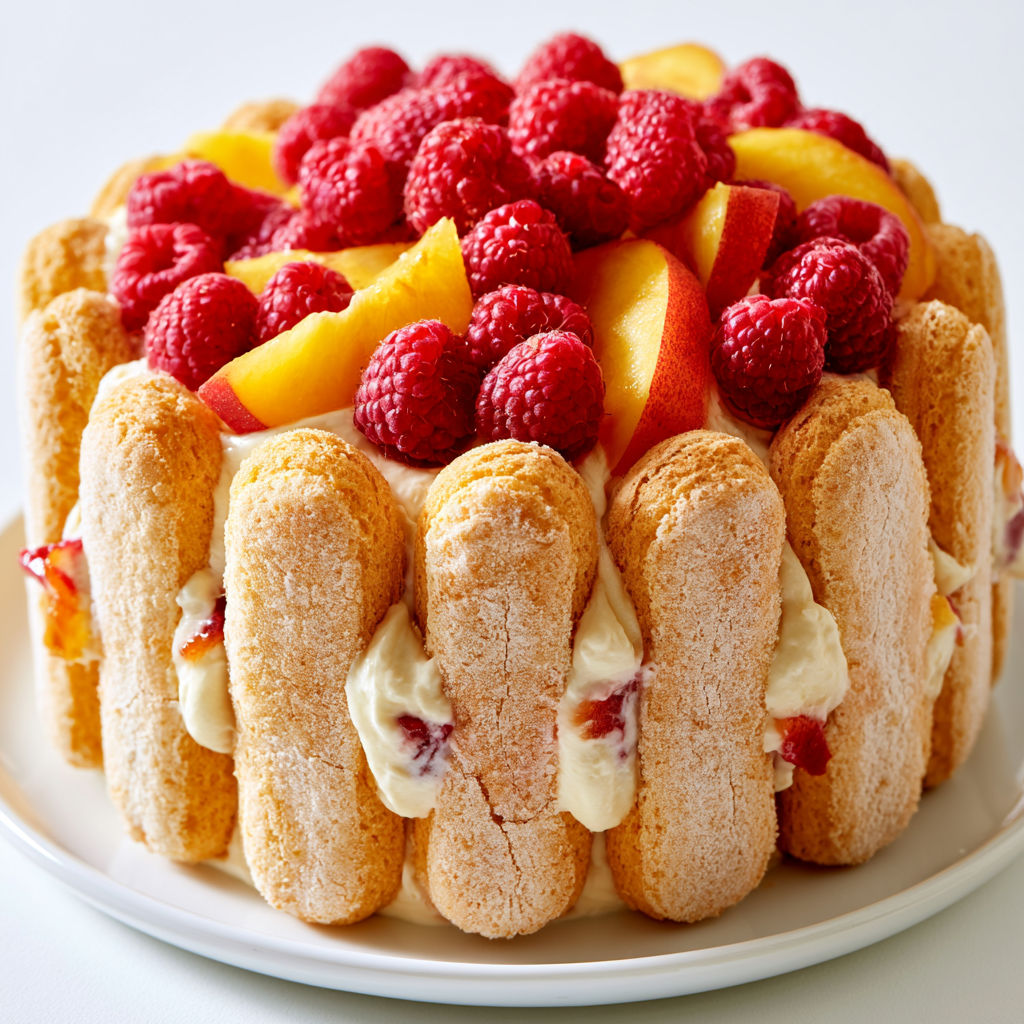 Dessert fruité avec framboises et pêches, parfait pour l'été.