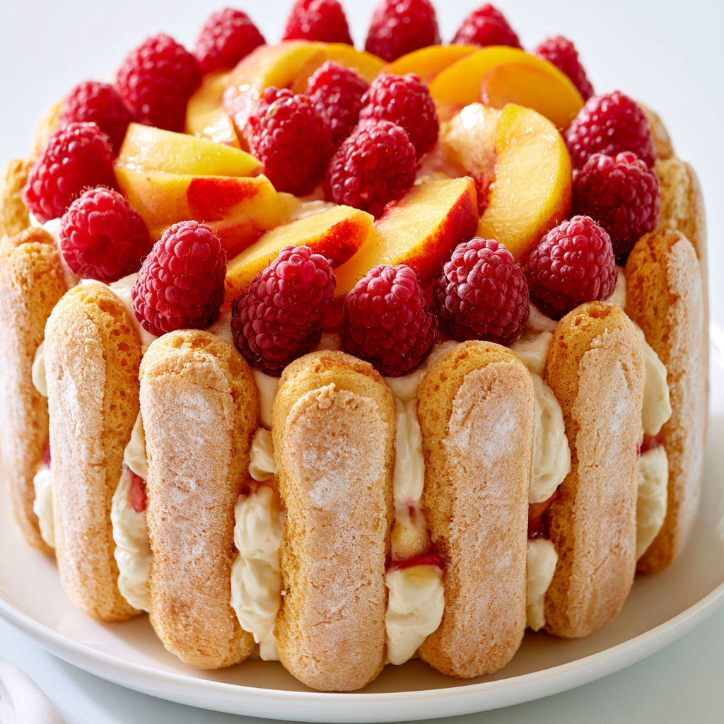 Dessert d'été léger avec framboises et pêches fraîchement coupées.
