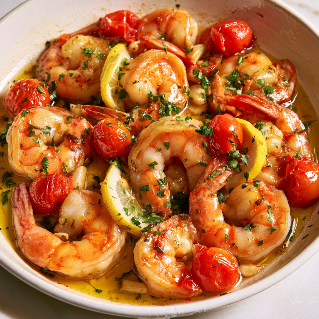 Bol garni de crevettes aux tomates cerises et zestes de citron.