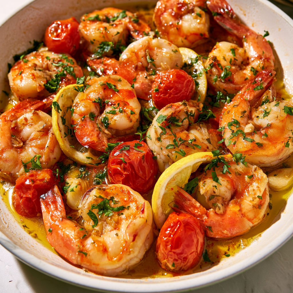 Crevettes à l'ail, citron et tomates cerises mijotées dans une sauce bien parfumée du sud.